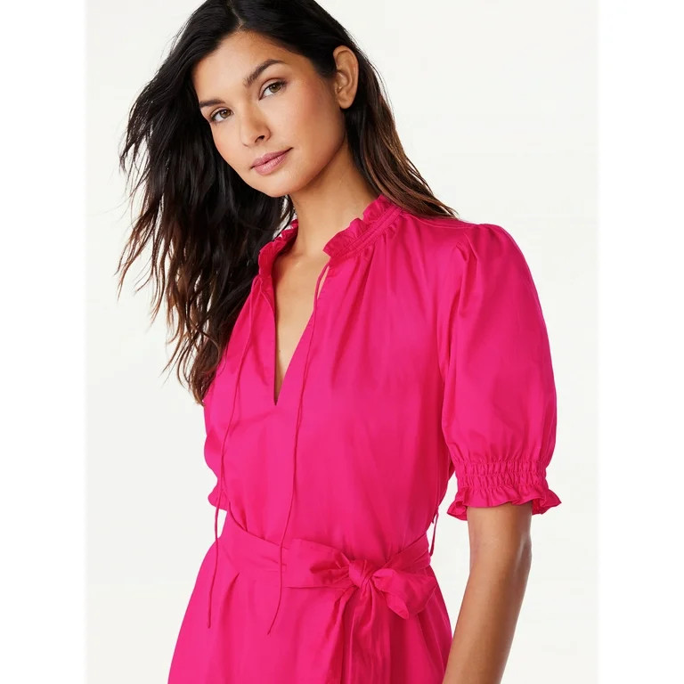 Free Assembly Women's Ruffle Neck Belted Midi Dress with Short Sleeves, Size XS-XXL - Walmart.com | Walmart (US)