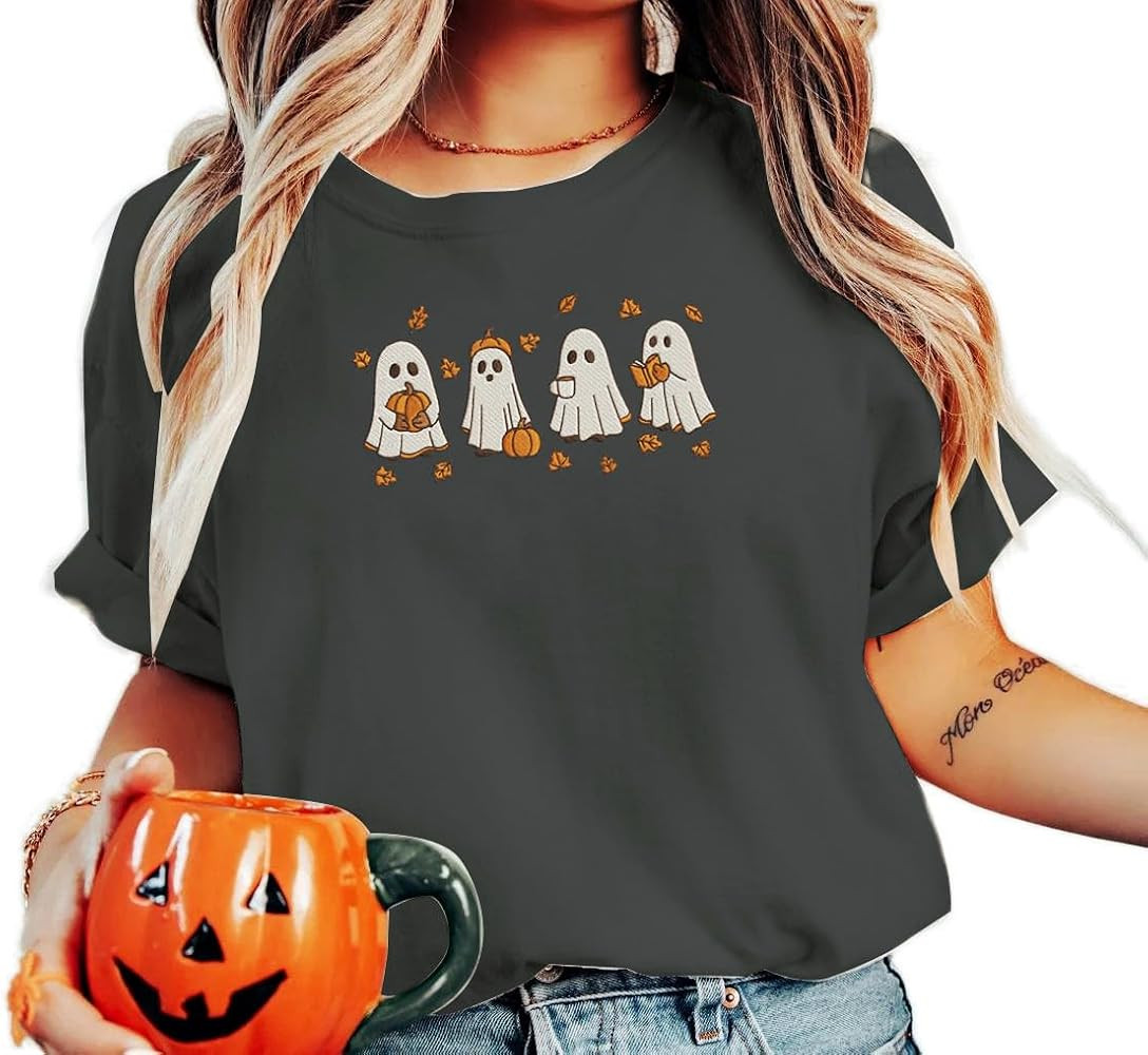 Embroideried Pumpkin Fall Halloween Shirts Women Thanksgiving Shirt Vintage Embroidery Fall Graph... | Amazon (US)
