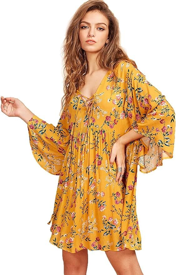 Milumia Women Boho Floral Print Flared Vacation Flowy V Neck Mini Dress | Amazon (US)