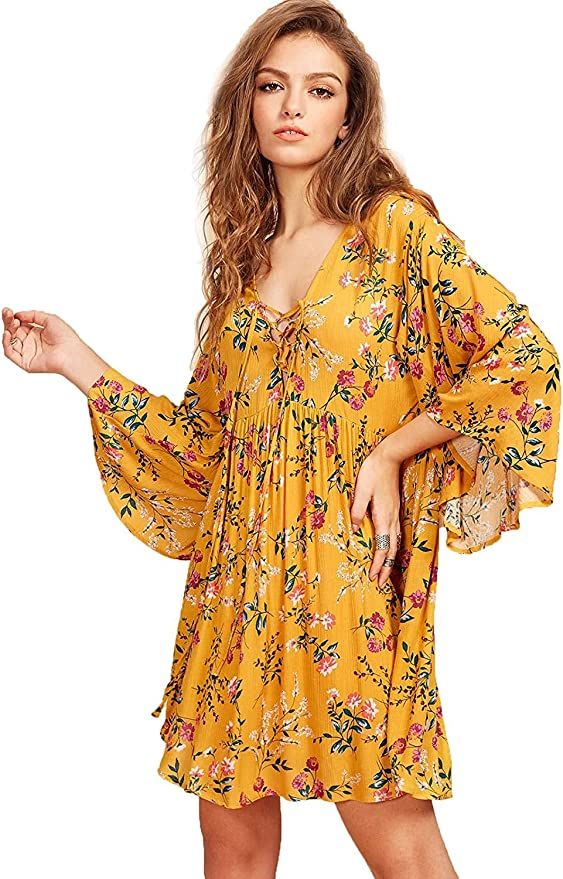 Milumia Women Boho Floral Print Flared Vacation Flowy V Neck Mini Dress | Amazon (US)
