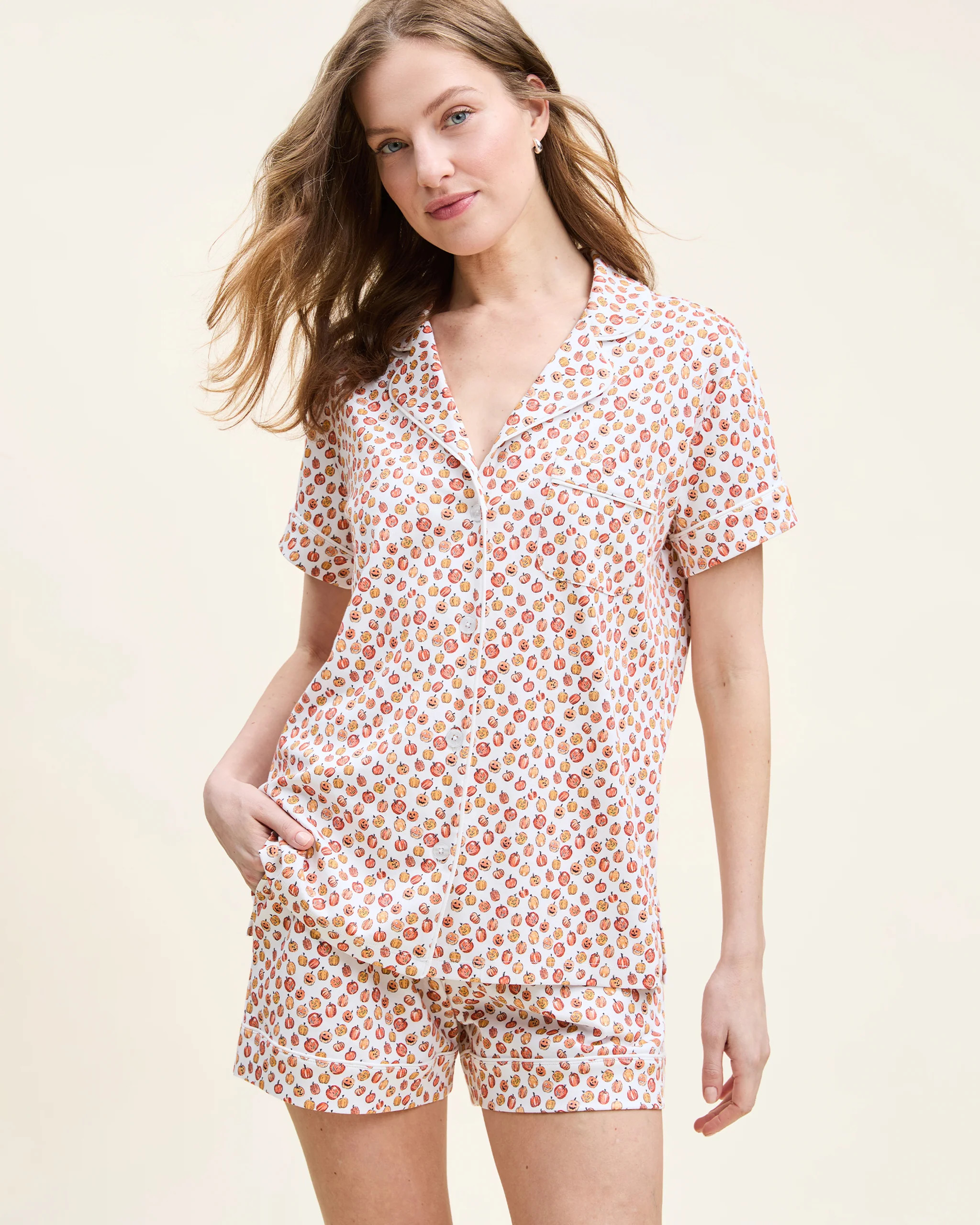 Women's Pima Short Sleeve Short Set in Pumpkin Patch | Petite Plume
