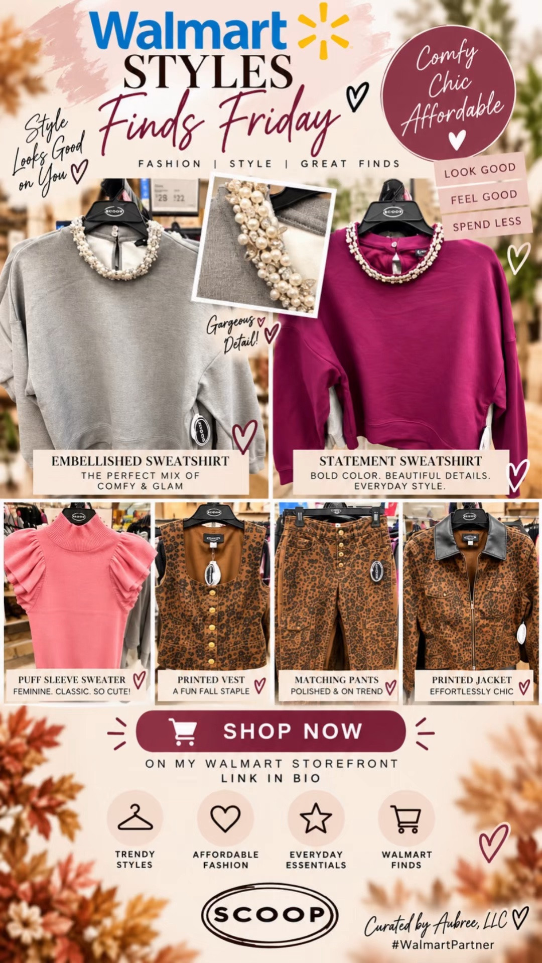 🛒✨ WALMART STYLES FINDS FRIDAY | SCOOP ✨🛒

Walmart’s Scoop collection is bringing the STYLE! 😍 These pieces prove you can be comfortable and still look completely put together.

✨ Embellished sweatshirts with gorgeous pearl and rhinestone details
💕 Statement puff-sleeve sweaters
🤎 Printed vest, matching pants & coordinating jacket
💎 Elevated details that make these pieces look anything but basic!

Whether you’re going for comfy chic, bold and trendy, or effortlessly elevated, there’s something here for you.

🛒 Shop my finds ⬇️🔗!

#WalmartPartner #WalmartStyle #WalmartFashion #WalmartFinds #StyleFindsFriday #Scoop #AffordableFashion #FallFashion #CuratedByAubree