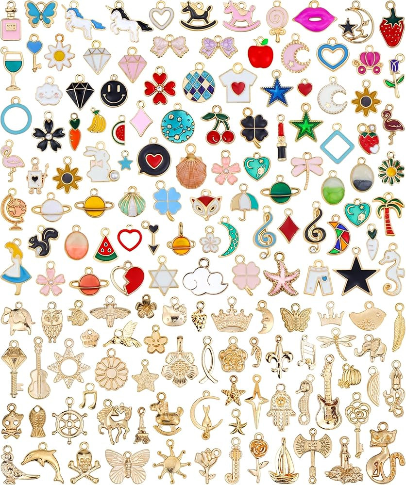 JIALEEY 160Pcs Charms for Jewelry Making, Wholesale Bulk Lots Assorted Gold-Plated Enamel Charms ... | Amazon (US)