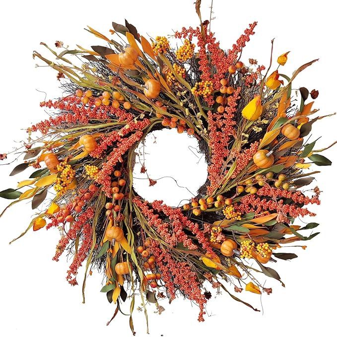 WANNA-CUL 24 inch Fall Wreath Decor for Front Door with Pumpkins, Hawthorn,Grain,Lantern Fruit,Be... | Amazon (US)