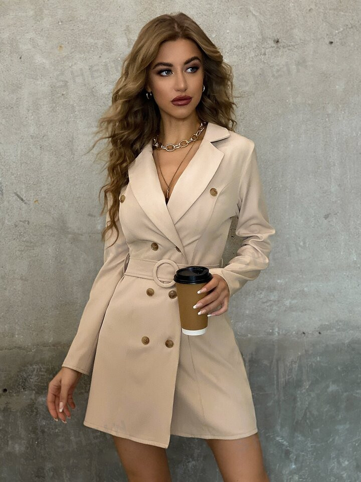 SHEIN Privé Double Breasted Belted Lapel Collar Blazer Dress | SHEIN