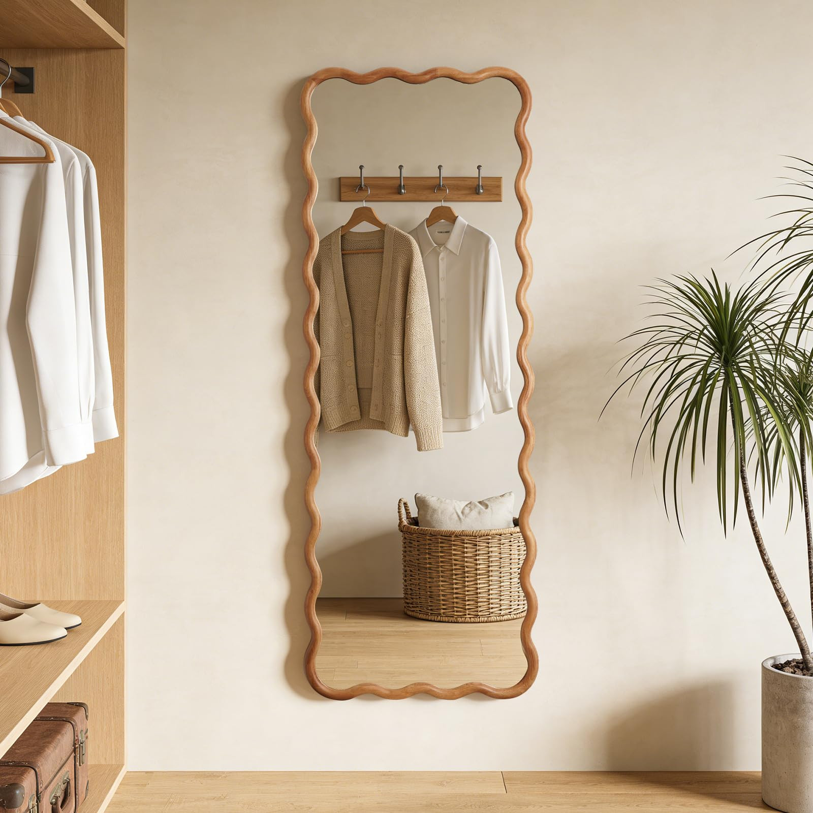 WallBeyond 24"x65" Full Length Wood Mirror, Natural Wood Boho Accent Mirror with Wavy Design, Dec... | Amazon (US)