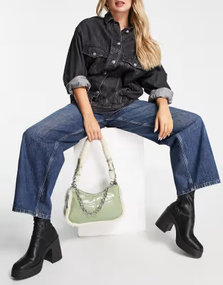 Topshop vinyl shoulder bag with sherpa trim in sage | ASOS (Global)