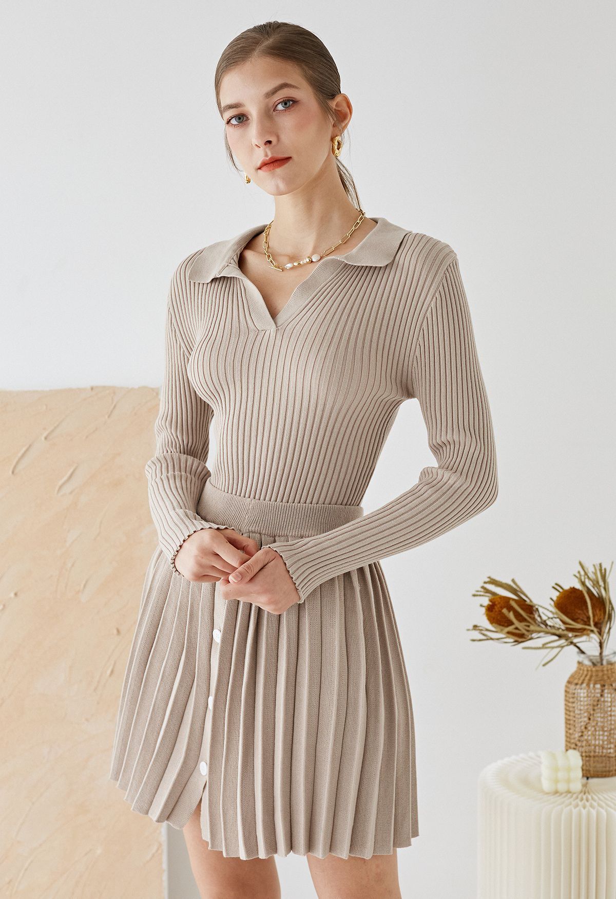 Collared V-Neck Knit Top and Pleated Skirt Set in Oatmeal | Chicwish