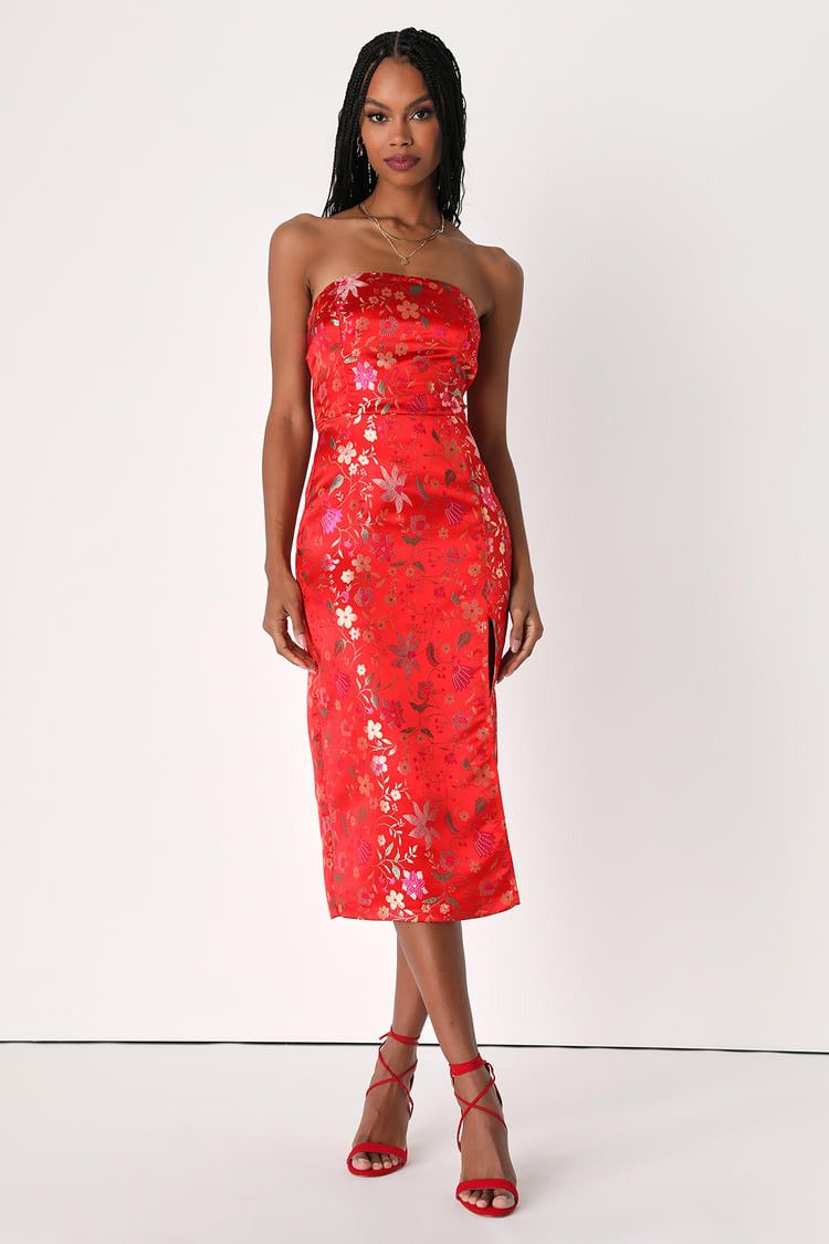 Red Satin Floral Jacquard Strapless Midi Dress | Red Dress Dresses | Red Floral Dress | Spring Dress | Lulus (US)