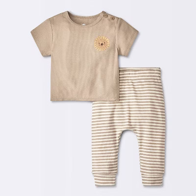 Baby Striped Modal Ribbed T-Shirt & Pants Set - Cloud Island™ Brown 18M | Target