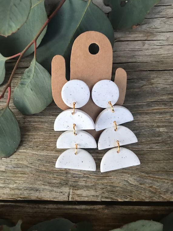 Speckled White Granite Minimalist Polymer Clay Semicircle Dangle Statement Earrings | Etsy (US)