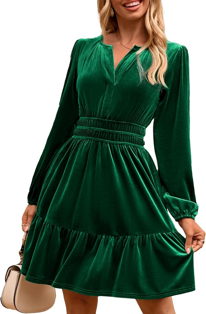 Simplee Womens Velvet Dress 2025 Fall Cocktail Long Sleeve Empire V Neck Wedding Guest Holiday Mi... | Amazon (US)