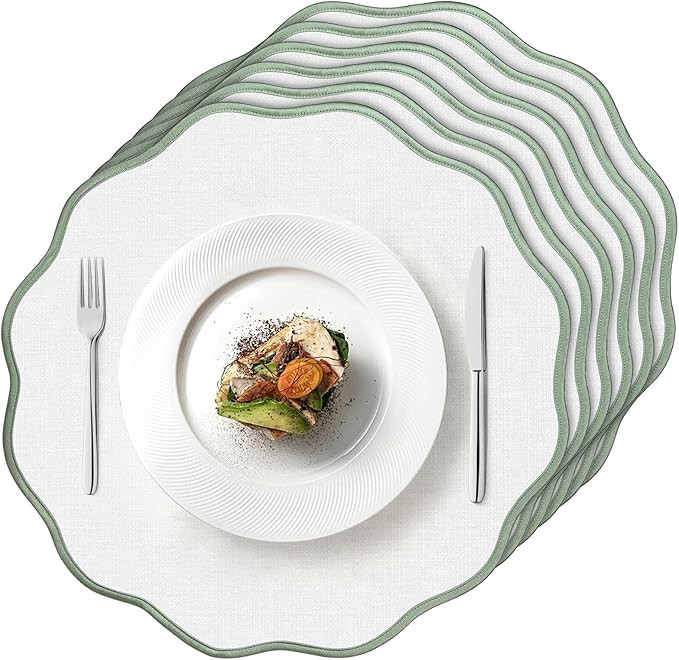Set of 6 Scallop Linen Placemats, 15 Inch Light Green and White Round Placemats Cotton Linen Tabl... | Amazon (US)