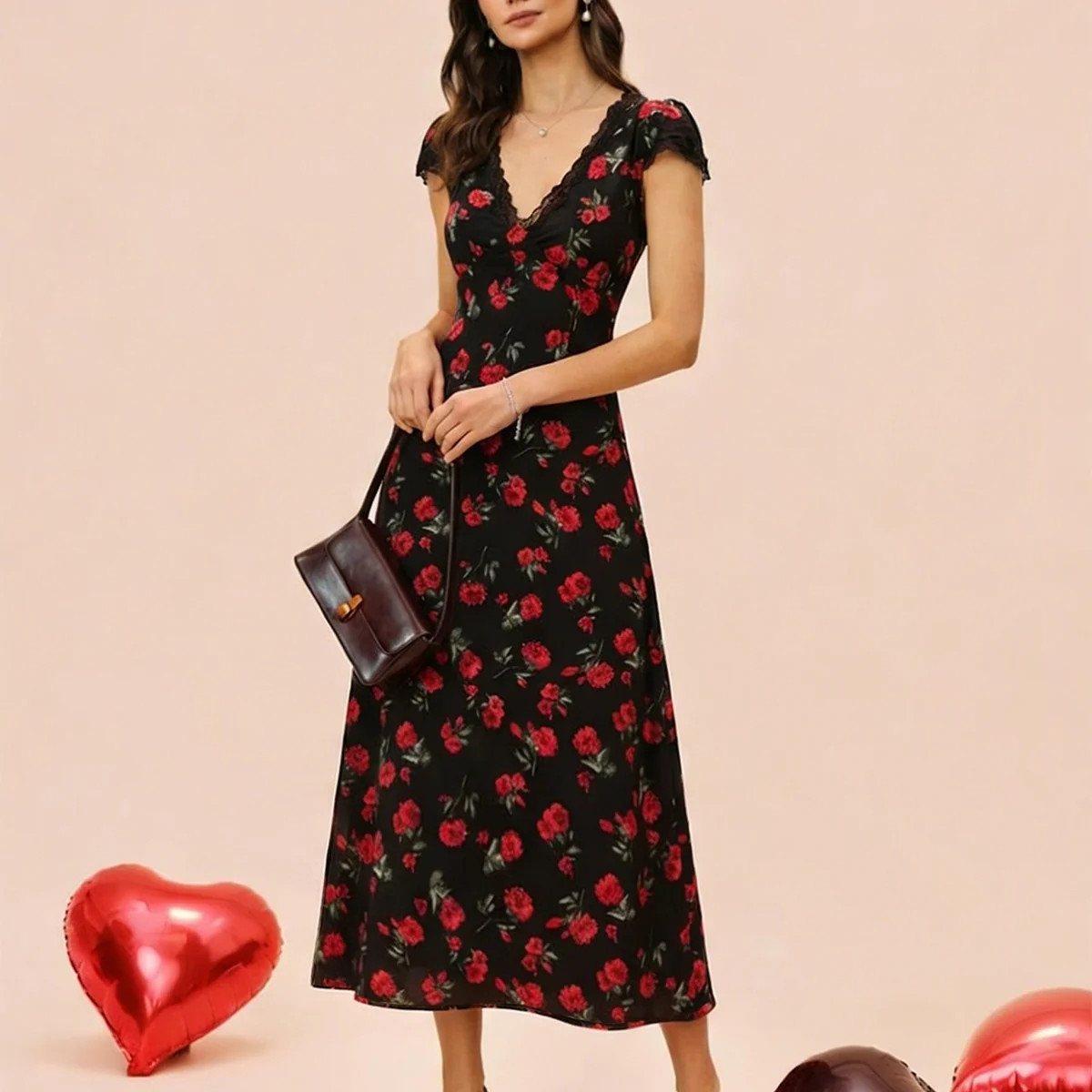 Black Floral V Neck Maxi Dress & Reviews - Black - Dresses | RIHOAS | rihoas.com