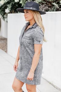Pretty In Chambray Charcoal Acid Wash Dress | Pink Lily