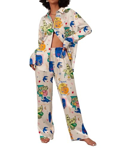Ekouaer Womens Satin Silky Pajama Set 2 Piece Print PJs Soft Loungewear Button Down Sleepwear with Elastic Waist Long Pants Champagne Pigeon S | Amazon (US)