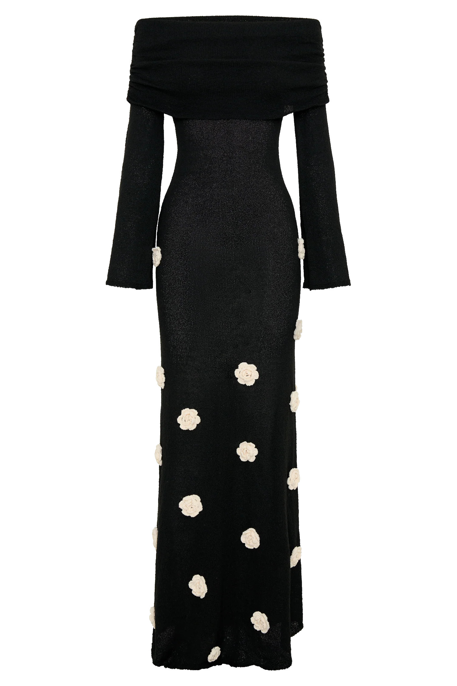 Kiki Off Shoulder Knit Rose Maxi Dress - Black/White | Meshki UK