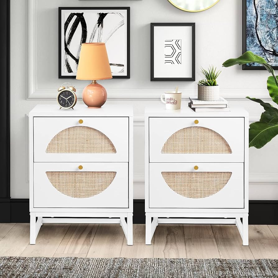 Lamerge Rattan Nightstand Set of 2, Wooden End Table, Modern Side Table with 2 Storage Drawer, Ac... | Amazon (US)