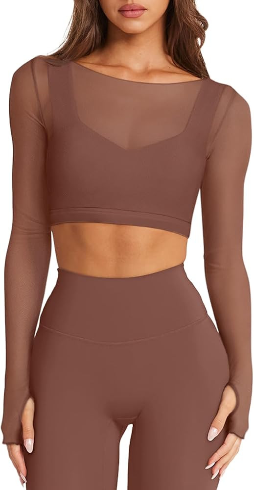 LASLULU Mesh Long Sleeve Crop Tops for Women Double Lined Workout Athletic Gym Shirts Cropped Top... | Amazon (US)