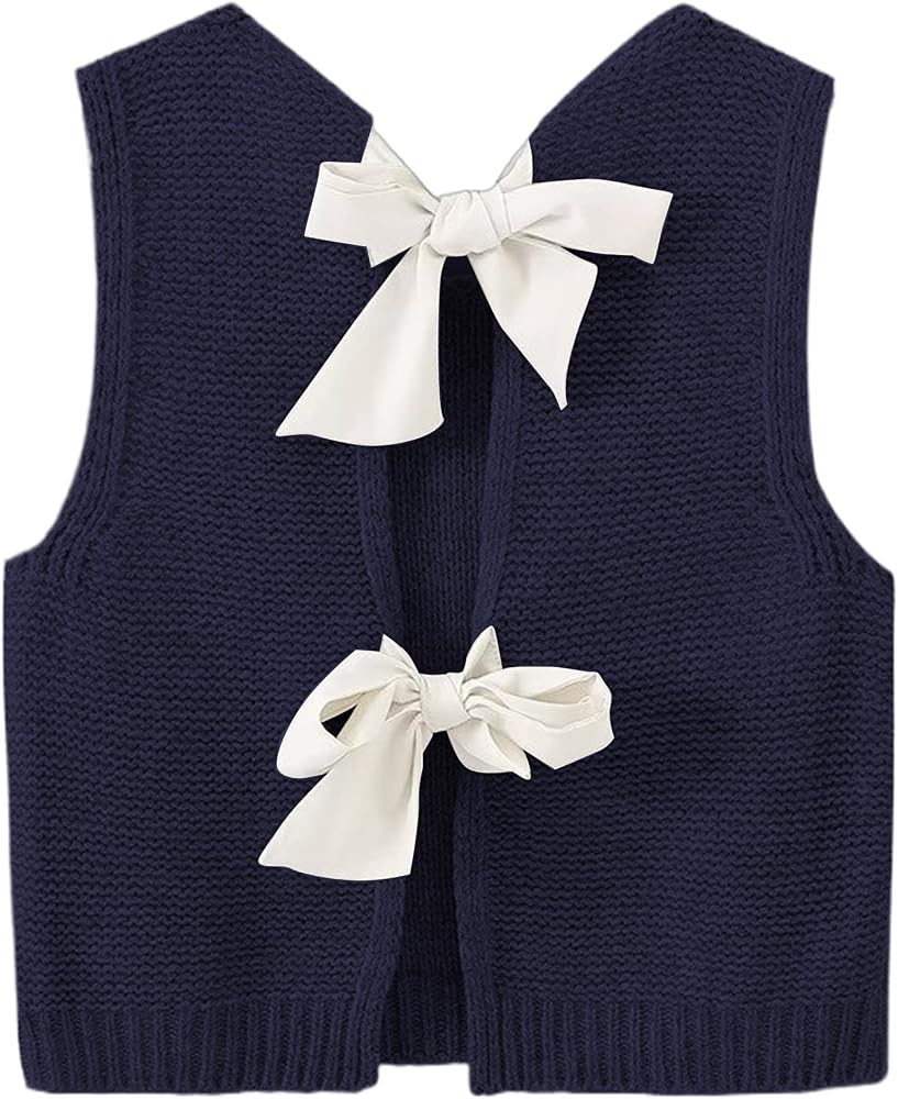 Womens Cute Bow Tie Open Back Cropped Sweater Vest Knit Tank Tops Y2k Girls Sleeveless Cardigan P... | Amazon (US)