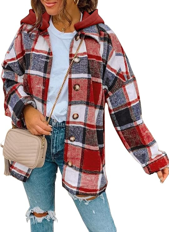 SHEWIN Womens Long Sleeve Button Down Plaid Shirts Flannel Hooded Shacket Jacket Hoodie Coats | Amazon (US)