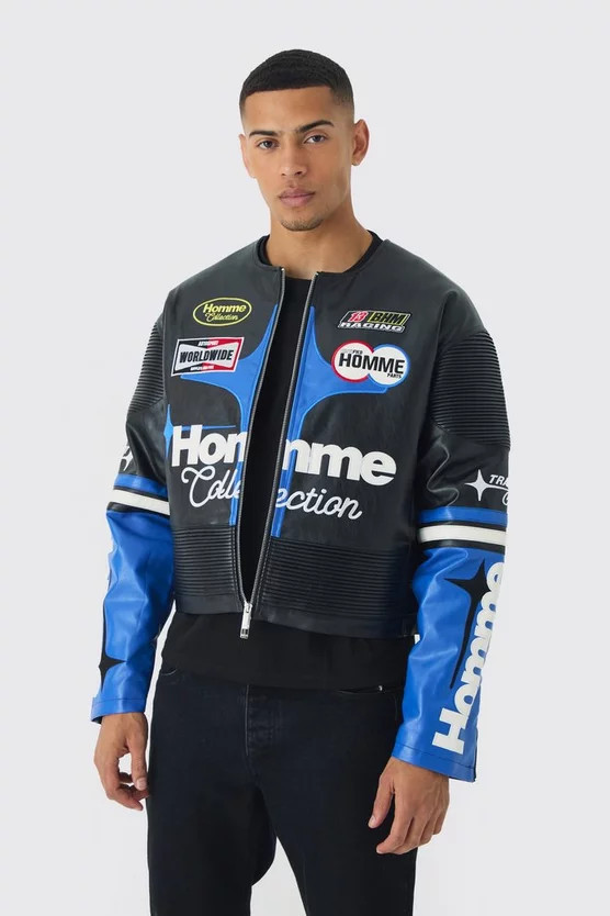 Boxy Collarless Homme PU Moto Jacket In Black | boohooMAN (US & Canada)