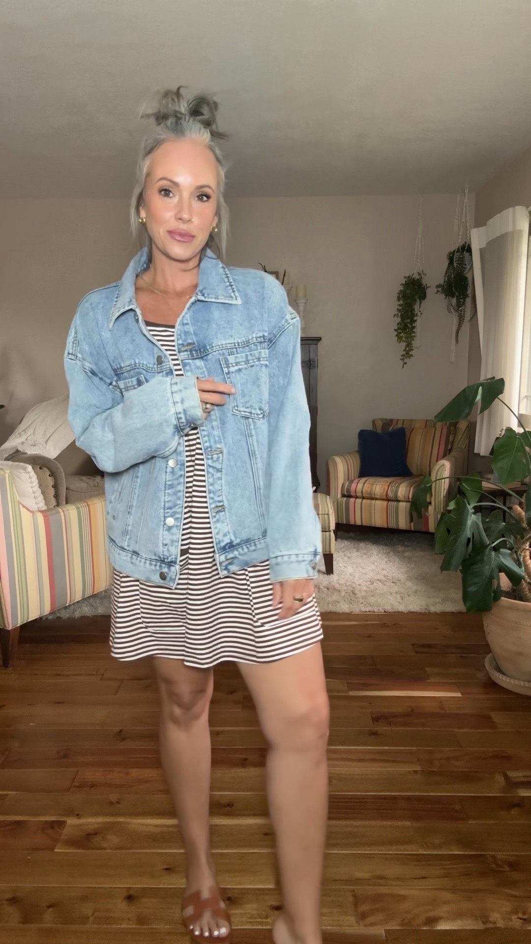 Size up for a slouchy oversized fit or stay true to size! They are 95% cotton so they most likely will shrink! Get the Bandeau I linked to layer under the blue open back dress! That would be so cute!! Cropped denim jacket is a small and oversized denim jacket is a medium  #FPdupe #FPinspired #summerdress #summerdresses #cutebutcomfy #momstyle #millennialmoms

#LTKootd #LTKOver40 #LTKmomlife