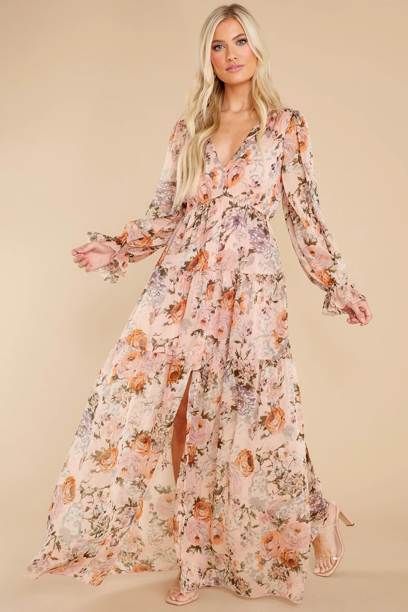 Showing Off Peach Floral Print Maxi Dress | Red Dress 