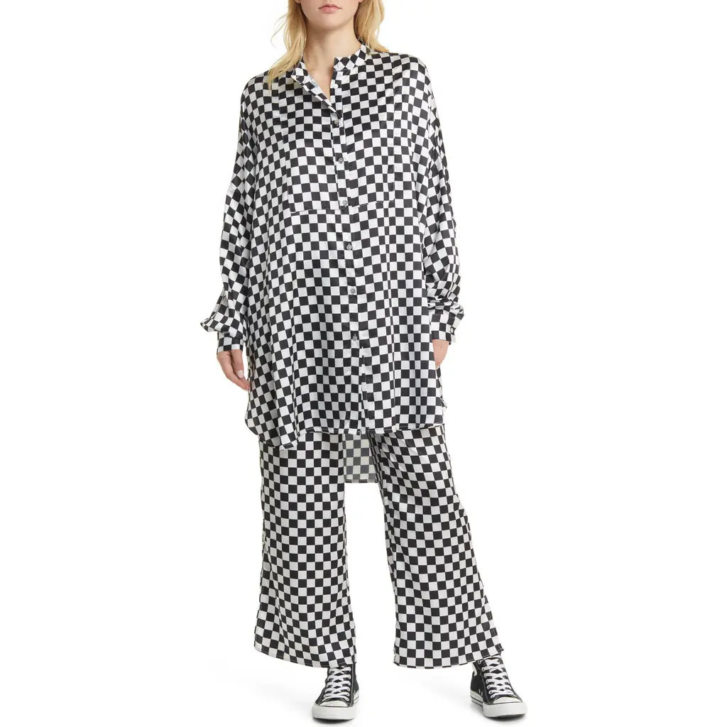 Dressed in Lala Checkerboard Button-Up Satin Shirt & Pants Set at Nordstrom, Size Xx-Large | Nordstrom