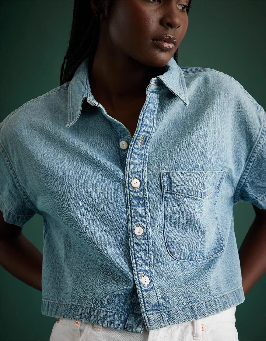AE77 Premium Boxy Crop Denim Shirt | American Eagle Outfitters (US & CA)