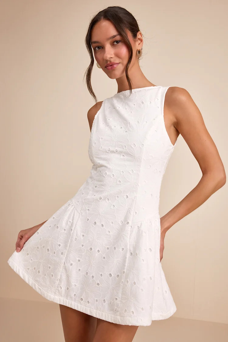 Celenia White Eyelet Embroidered Sleeveless Mini Dress | Lulus