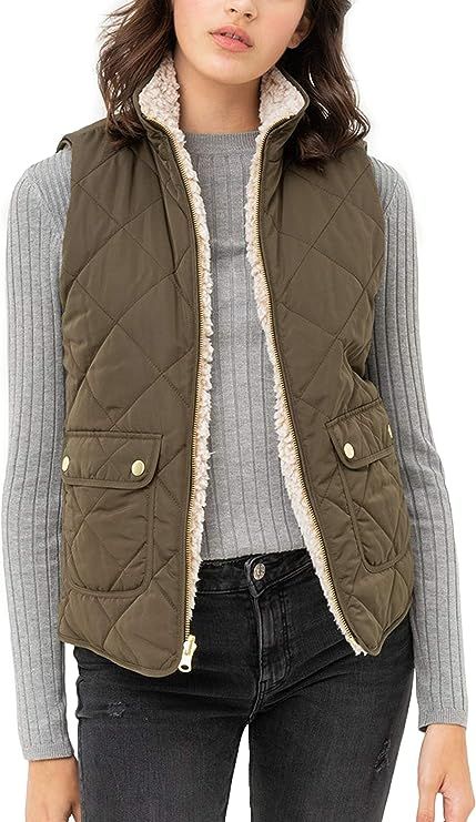 FASHION BOOMY Women's Quilted Padding Vest - Reversible Sherpa Fleece Zip Up Jacket with Pockets | Amazon (US)