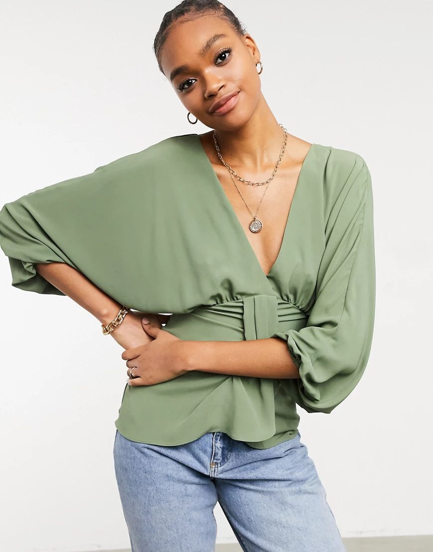 ASOS DESIGN kimono volume sleeve blouse with deep v detail in khaki-Green | ASOS (Global)