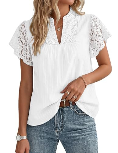 GRACE KARIN Womens Lace Short Sleeve Tops Summer Dressy Casual Cotton Blouses Flowy V Neck Dress ... | Amazon (US)