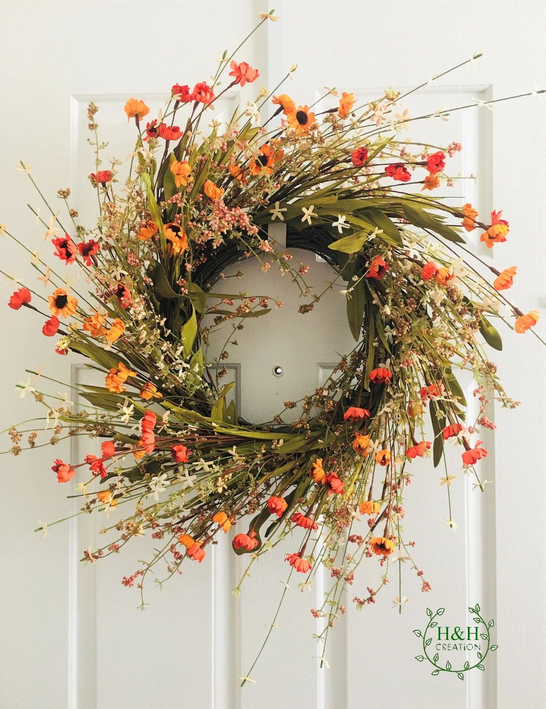 Flower berry wreath, Summer flowers wreath, Elegant flowers wreath, Red orange flowers wreath, Do... | Etsy (US)