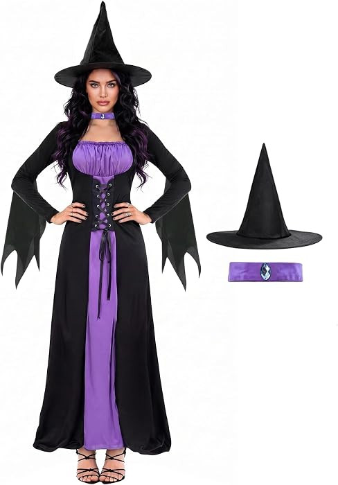 Witch Costume for Women,Adult Halloween Witch Outfit with Hat,Purple Gothic Long Sorceress Classi... | Amazon (US)