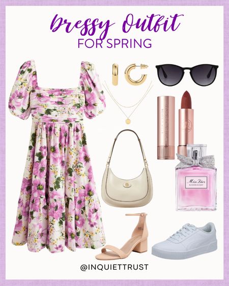 Elevate your spring look with this cute purple floral midi dress! Pair it with this pastel pink heels or white sneakers, a white handbag, gold accessories, and chic black sunglasses!
#outfiinspo #dressylook #springfashion #shoeinspo

#LTKSeasonal #LTKshoecrush #LTKstyletip