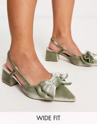 ASOS DESIGN Wide Fit Saidi bow slingback mid heeled shoes in sage velvet | ASOS (Global)