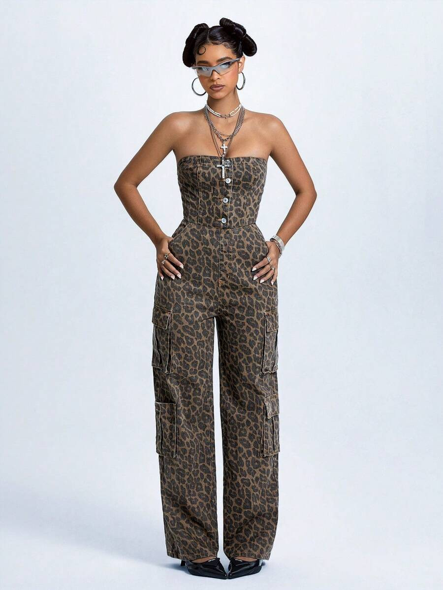 Jeanoix Women's Leopard Print Buttoned Front Pocked Sleeveless Denim Jumpsuit | SHEIN