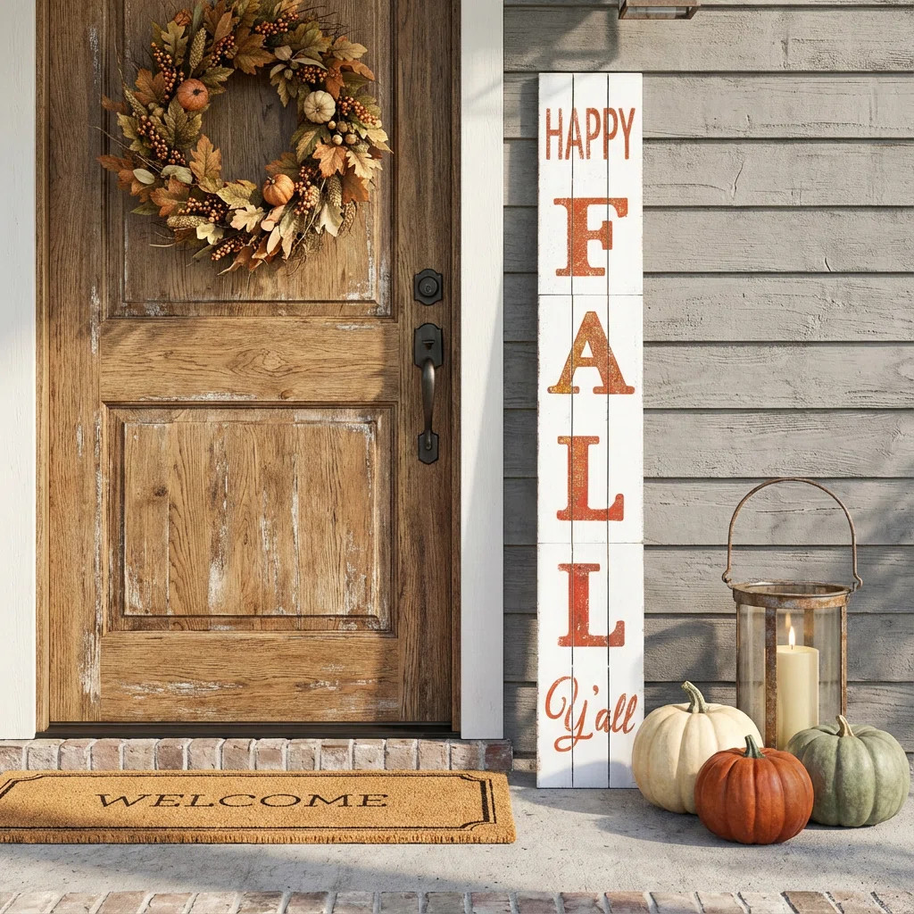 72" White And Orange Solid Wood Happy Fall Porch Sign | Wayfair North America