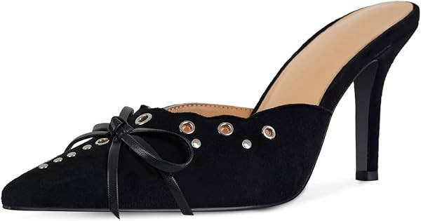 DOEYG Studded Heeled Mules for Women Suede Vintage Stiletto Heels Pointy Slip on Bow Tie Pumps Shoes Backless Mid Heels Dress Party Slide Heeled Sandals for Women | Amazon (US)