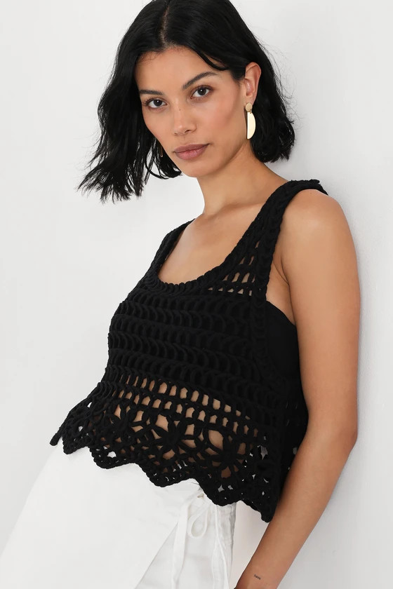 Weekend Festivals Black Crochet Cropped Sweater Tank | Lulus