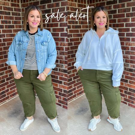 These Old Navy cargo pants are 50% off online and I am so glad I decided to try them! They run big in my opinion, I had to size down to the XL. These are perfect to take on vacation but I can’t wait to style them for casual mom outfits like I did here! Jean jacket is also 50% off, wearing XL. White cropped hoodie is XL. 

#LTKsalealert #LTKmidsize #LTKplussize