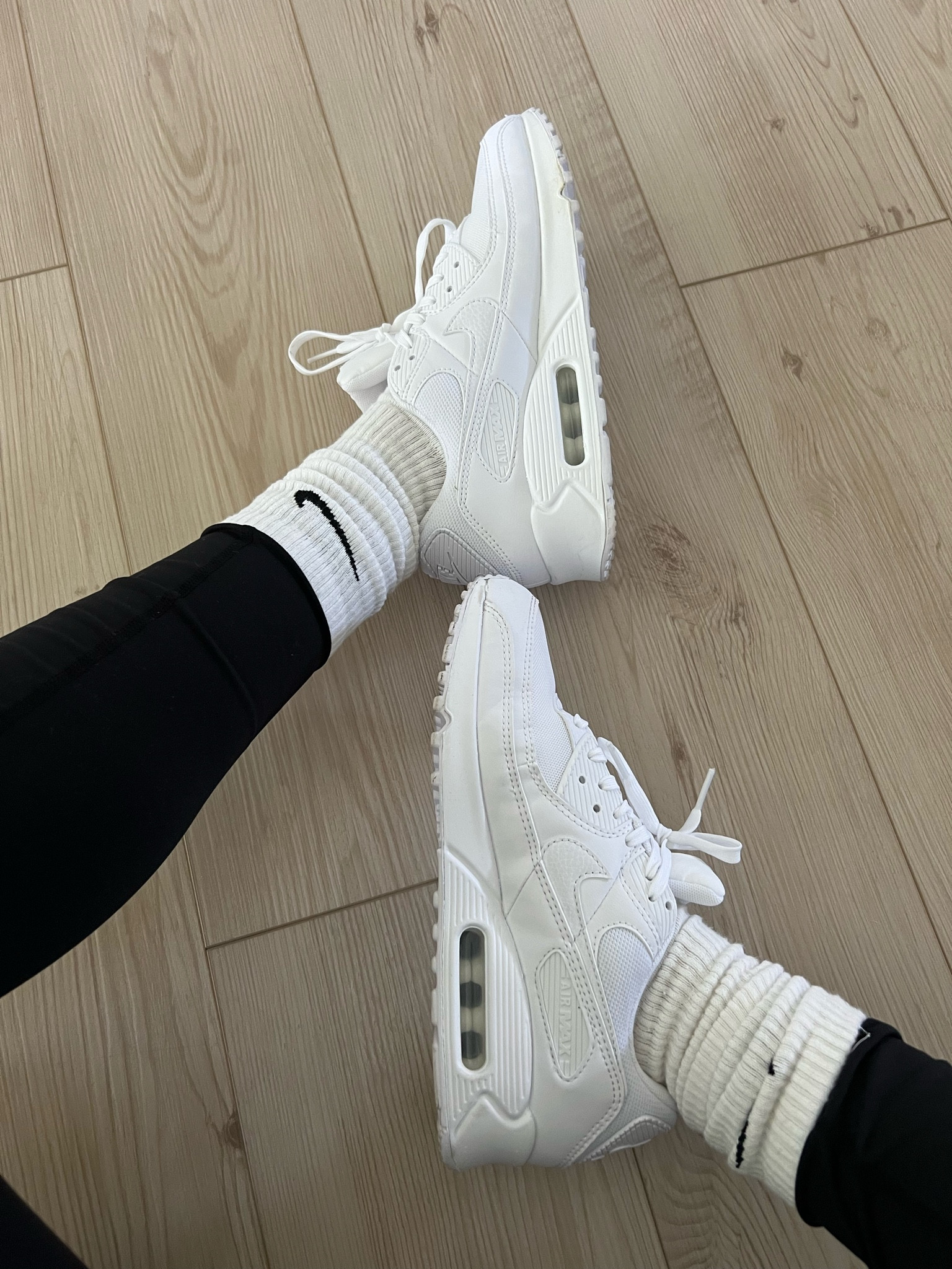 Women’s Nike Air Max 90’s , all white, sneaker, shoe, Nike socks, black leggings, yoga pants. Workout gear, workout clothes. 

#LTKstyletip #LTKshoecrush #LTKfitness
