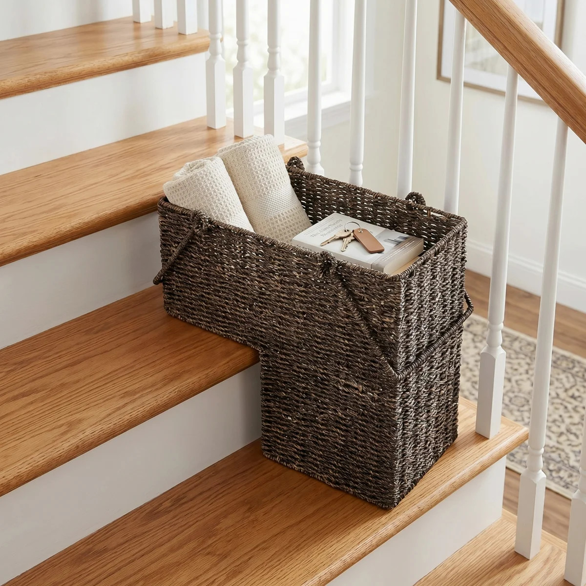 DTX Intl 14-Inch Wicker Staircase Basket with Handles - Handmade L-Shaped Woven Seagrass Stair-St... | Wayfair North America