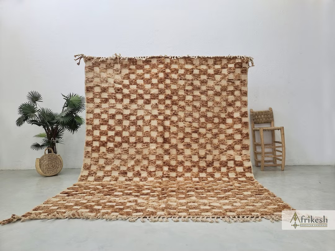 CUSTOM CHECKER CARPET, Moroccan Berber Rug, Handmade Brown & Beige Rug, Tufted Sheep Wool Rug, Ha... | Etsy (US)