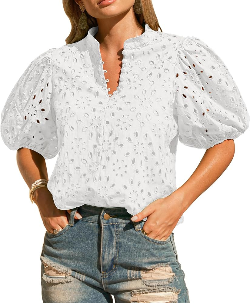 Womens Eyelet Summer Tops Lantern Short Sleeve Button V Neck Dressy Casual Blouses Hollow Out Emb... | Amazon (US)