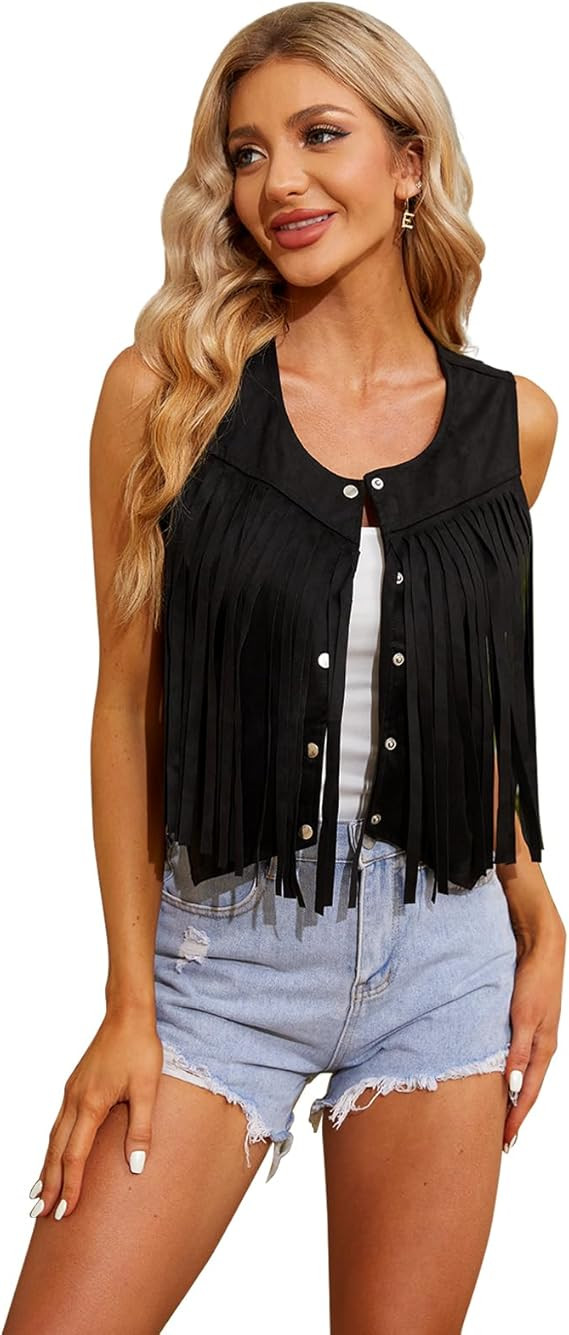 WERFORU Fringe Vest Women Faux Suede Open-Front Vintage Tassel Vest Coat Sleeveless 70s Hippie Bo... | Amazon (US)