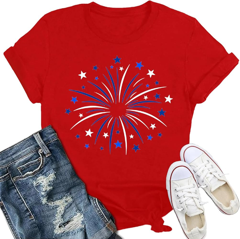 Womens American Flag Shirt USA Fireworks Patriotic Print T-Shirt 4th of July Crewneck Tee | Amazon (US)