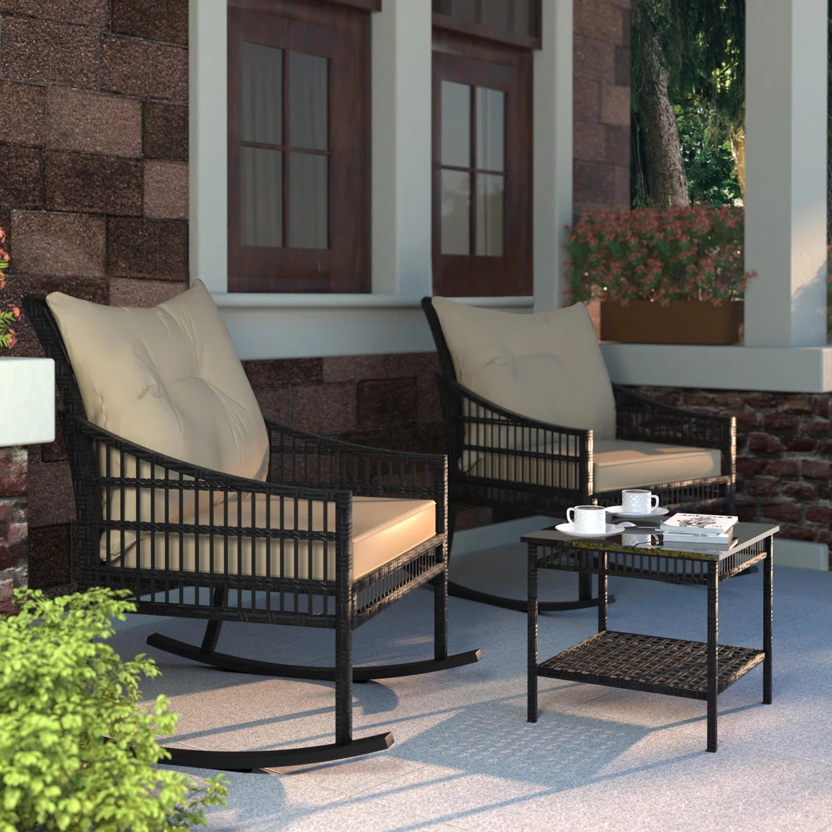2-Person Outdoor Seating Group, Wicker Rocking Chairs with Cushions and Side Table | Wayfair North America